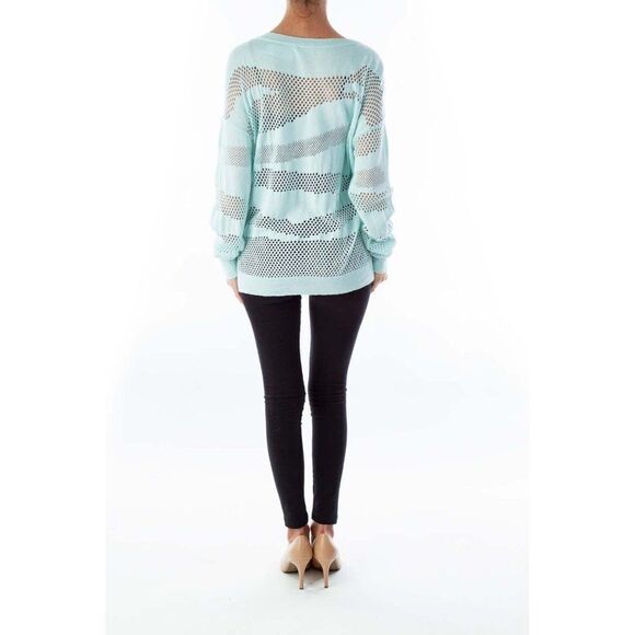 Vince Camuto Mint Green Open Knit Striped Sweater Women's XS Pullover Rayon - Picture 3 of 7